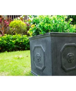 KANTE 12.6 in. W Square Antique Gray Lightweight Concrete/Fiberglass Indoor Outdoor English Lion Head Planter -Vigoro sales Store antique gray kante plant pots osf0172b c80451 1f 1000