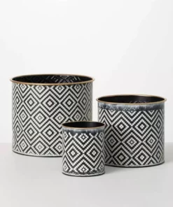 SULLIVANS Black and White Gemoetric Pattern Metal Planter (Set of 3)
