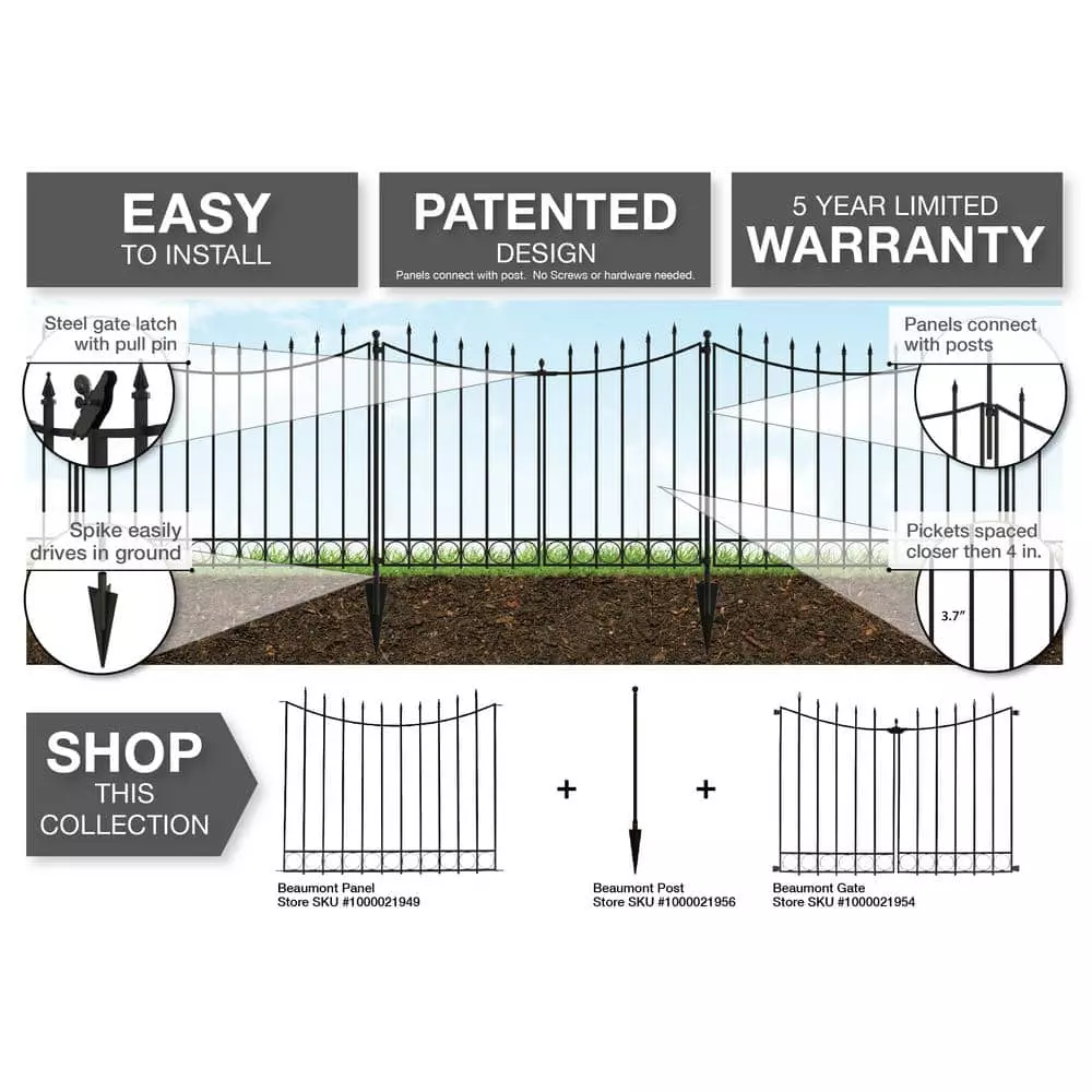 Vigoro Beaumont No Dig 40.4 in. H x 53.7 in. W Black Steel Decorative Fence Gate 12 Vigoro Beaumont No Dig 40.4 in. H x 53.7 in. W Black Steel Decorative Fence Gate - Image 10