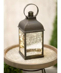 SULLIVANS 10.5 in. Black Speckled Lantern with LED Pillar Candle -Vigoro sales Store blacks sullivans outdoor lanterns sea44237ln 4f 1000