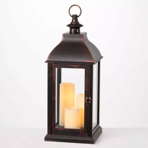 SULLIVANS 25 in. Lantern with 3 LED Pillar Candles -Vigoro sales Store browns tans sullivans outdoor lanterns su65205ab 64 1000