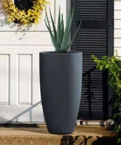 KANTE 13.39 in. x 23.62 in. Round Charcoal Finish Lightweight Concrete and Fiberglass Indoor Outdoor Planter w/Drainage Hole -Vigoro sales Store charcoal kante plant pots rc0099a c60121 fa 1000