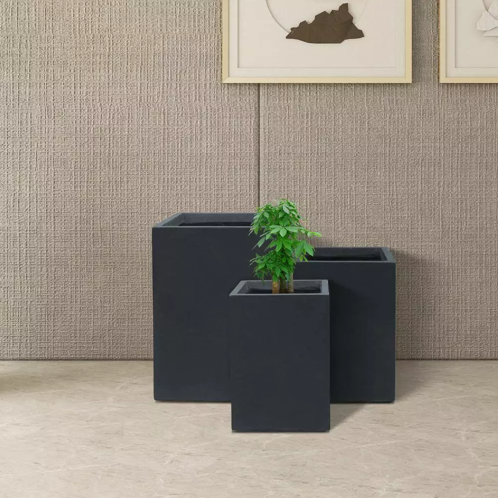 KANTE 19", 16" and 13"H Charcoal Finish Concrete Tall Square Set of 3, Outdoor Indoor Lightweight Planters w/ Drainage Hole 7 KANTE 19", 16" and 13"H Charcoal Finish Concrete Tall Square Set of 3, Outdoor Indoor Lightweight Planters w/ Drainage Hole - Image 5