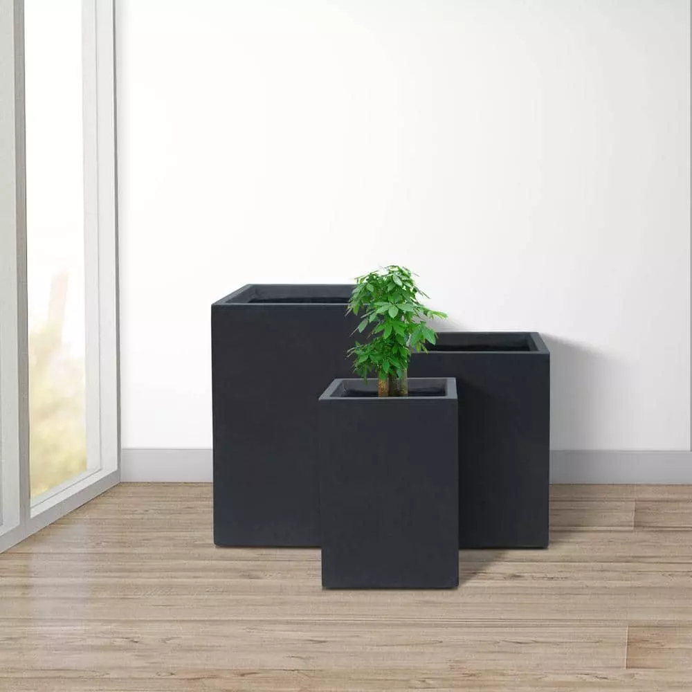 KANTE 19", 16" and 13"H Charcoal Finish Concrete Tall Square Set of 3, Outdoor Indoor Lightweight Planters w/ Drainage Hole 8 KANTE 19", 16" and 13"H Charcoal Finish Concrete Tall Square Set of 3, Outdoor Indoor Lightweight Planters w/ Drainage Hole - Image 6