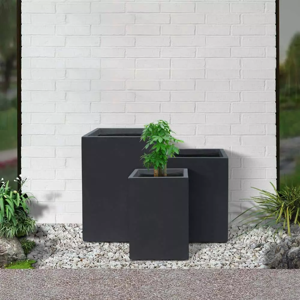 KANTE 19", 16" and 13"H Charcoal Finish Concrete Tall Square Set of 3, Outdoor Indoor Lightweight Planters w/ Drainage Hole 6 KANTE 19", 16" and 13"H Charcoal Finish Concrete Tall Square Set of 3, Outdoor Indoor Lightweight Planters w/ Drainage Hole - Image 4