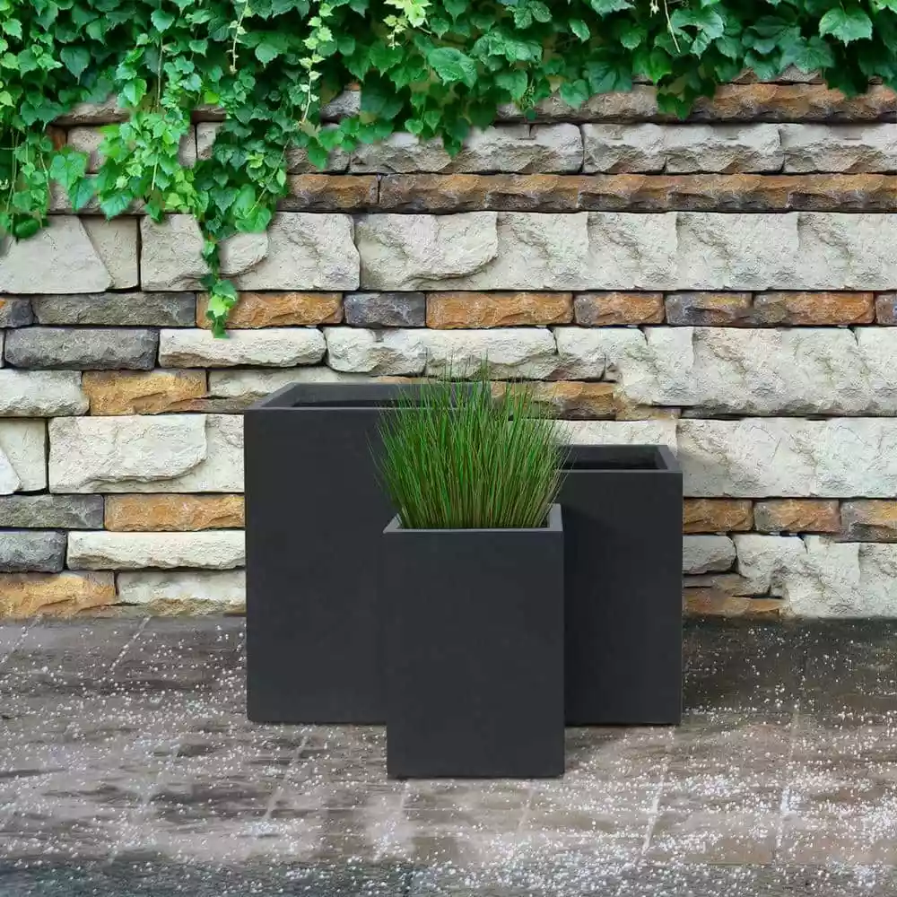KANTE 19", 16" and 13"H Charcoal Finish Concrete Tall Square Set of 3, Outdoor Indoor Lightweight Planters w/ Drainage Hole 4 KANTE 19", 16" and 13"H Charcoal Finish Concrete Tall Square Set of 3, Outdoor Indoor Lightweight Planters w/ Drainage Hole - Image 2