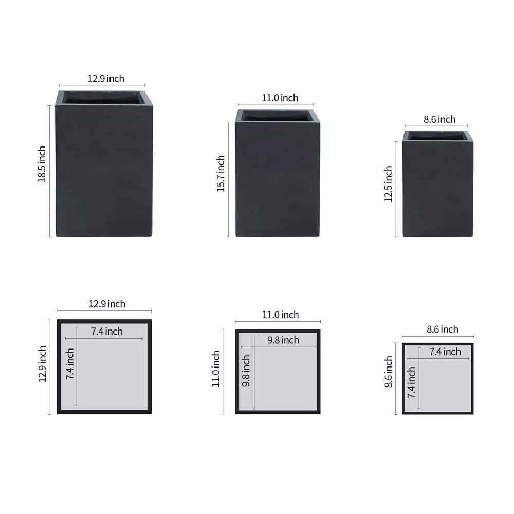 KANTE 19", 16" and 13"H Charcoal Finish Concrete Tall Square Set of 3, Outdoor Indoor Lightweight Planters w/ Drainage Hole 5 KANTE 19", 16" and 13"H Charcoal Finish Concrete Tall Square Set of 3, Outdoor Indoor Lightweight Planters w/ Drainage Hole - Image 3