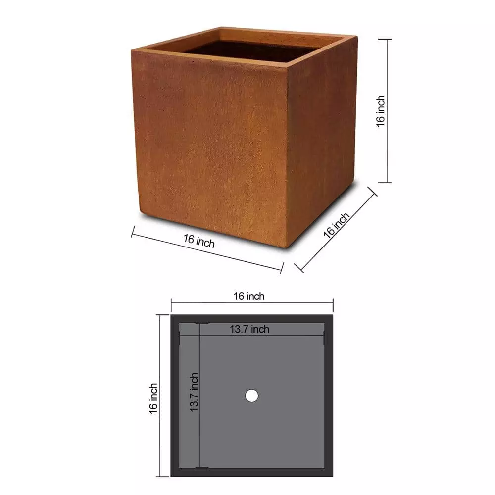 KANTE 16in.H Square Faux Weathering Steel Finish Lightweight Concrete Durable Elegant Planter w/Drainage Hole, Home and Garden 6 KANTE 16in.H Square Faux Weathering Steel Finish Lightweight Concrete Durable Elegant Planter w/Drainage Hole, Home and Garden - Image 4