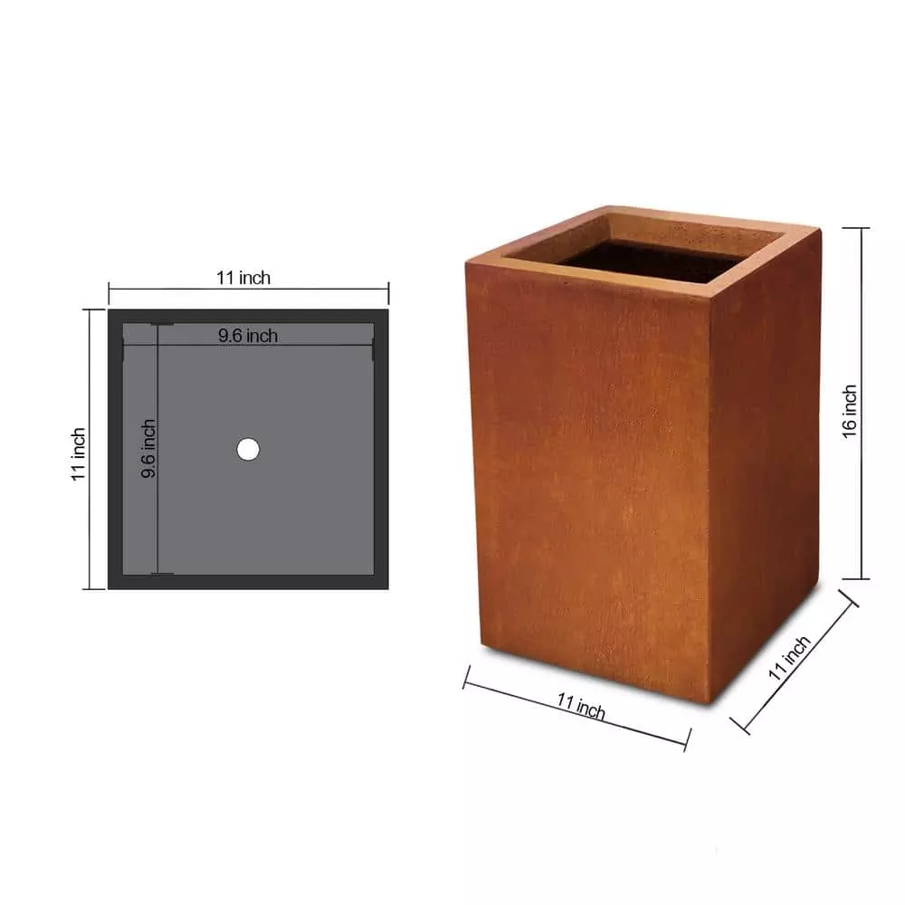 KANTE 16 in. H Faux Weathering Steel Finish Concrete Square, Modern Outdoor/Indoor Lightweight Planter Pot with Drainage Hole 5 KANTE 16 in. H Faux Weathering Steel Finish Concrete Square, Modern Outdoor/Indoor Lightweight Planter Pot with Drainage Hole - Image 3