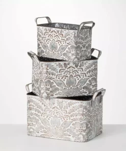 SULLIVANS 9.5 in., 8.5 in. and 7.5 in. Gray Metal Flourish Planter with Handles - (Set of 3)