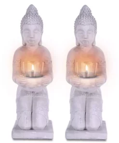 KANTE 12.8 in. H Gray Cement Buddha Garden Statue Tealight Candle Holder Ornament (2-Pack)