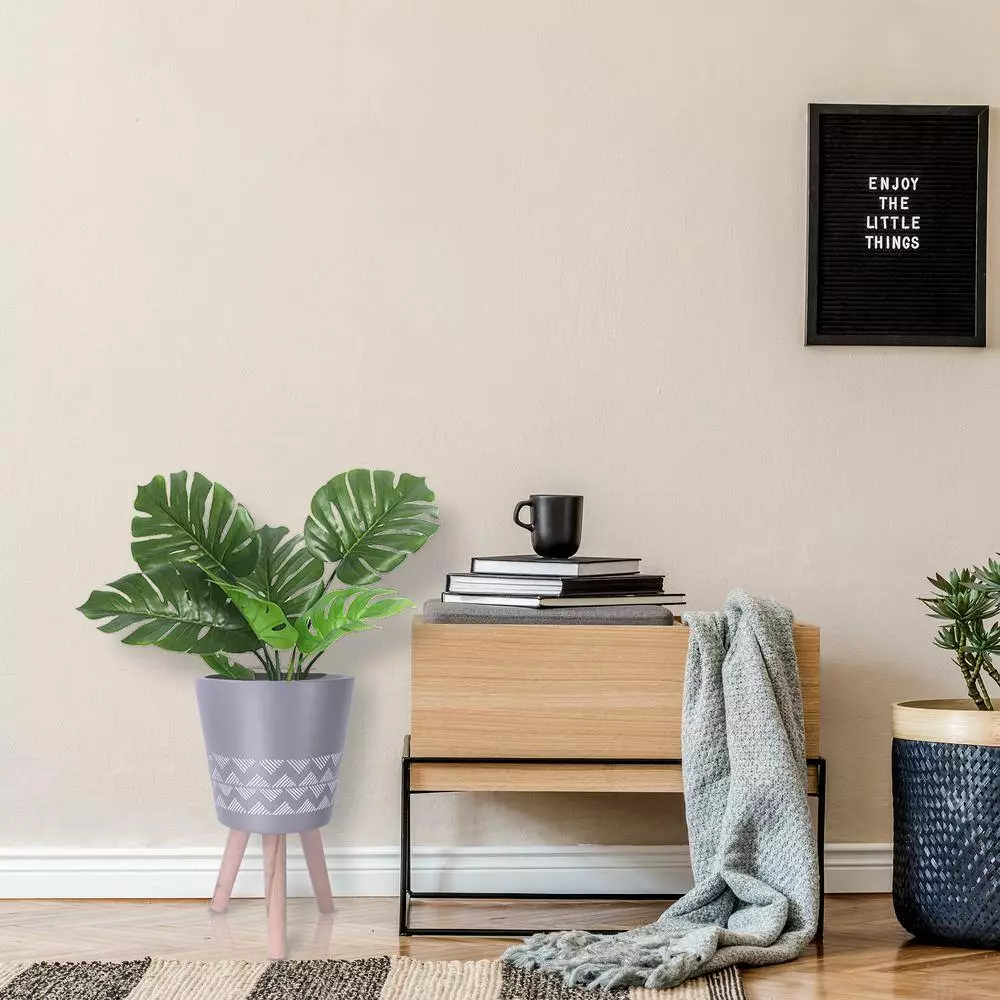 KANTE 17.4 in. Tall Light Gray Lightweight Concrete Classic Outdoor/Indoor Cylindrical Planter with 3 Wooden Legs 8 KANTE 17.4 in. Tall Light Gray Lightweight Concrete Classic Outdoor/Indoor Cylindrical Planter with 3 Wooden Legs - Image 6