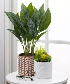 SULLIVANS Geometric Print Terracotta Pot - Set of 3 -Vigoro sales Store orange and white patterned sullivans plant pots cmt1200 4f 1000