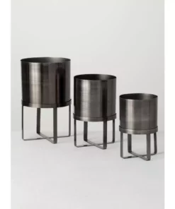 SULLIVANS Pewter Metal Planter With Stand (Set of 3) -Vigoro sales Store pewter sullivans plant pots met1627 1f 1000