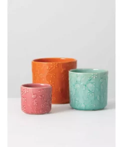 SULLIVANS Multi-Color Ceramic Floral Relief Flower Pot (Set of 3) -Vigoro sales Store pink blue orange sullivans plant pots cm2872 1f 1000