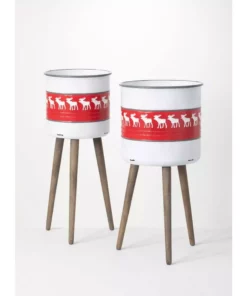 SULLIVANS Red & White Reindeer Metal and Wood Planter Stand (Set of 2)