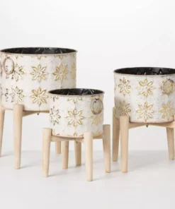 SULLIVANS White and Gold Flower Burst Metal Planter on Stand (Set of 3)