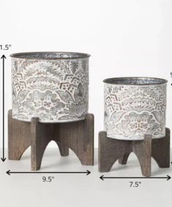 SULLIVANS White and Gray Flourish Metal Planter (Set of 2) -Vigoro sales Store white and gray patterned sullivans plant pots met1821 1f 1000