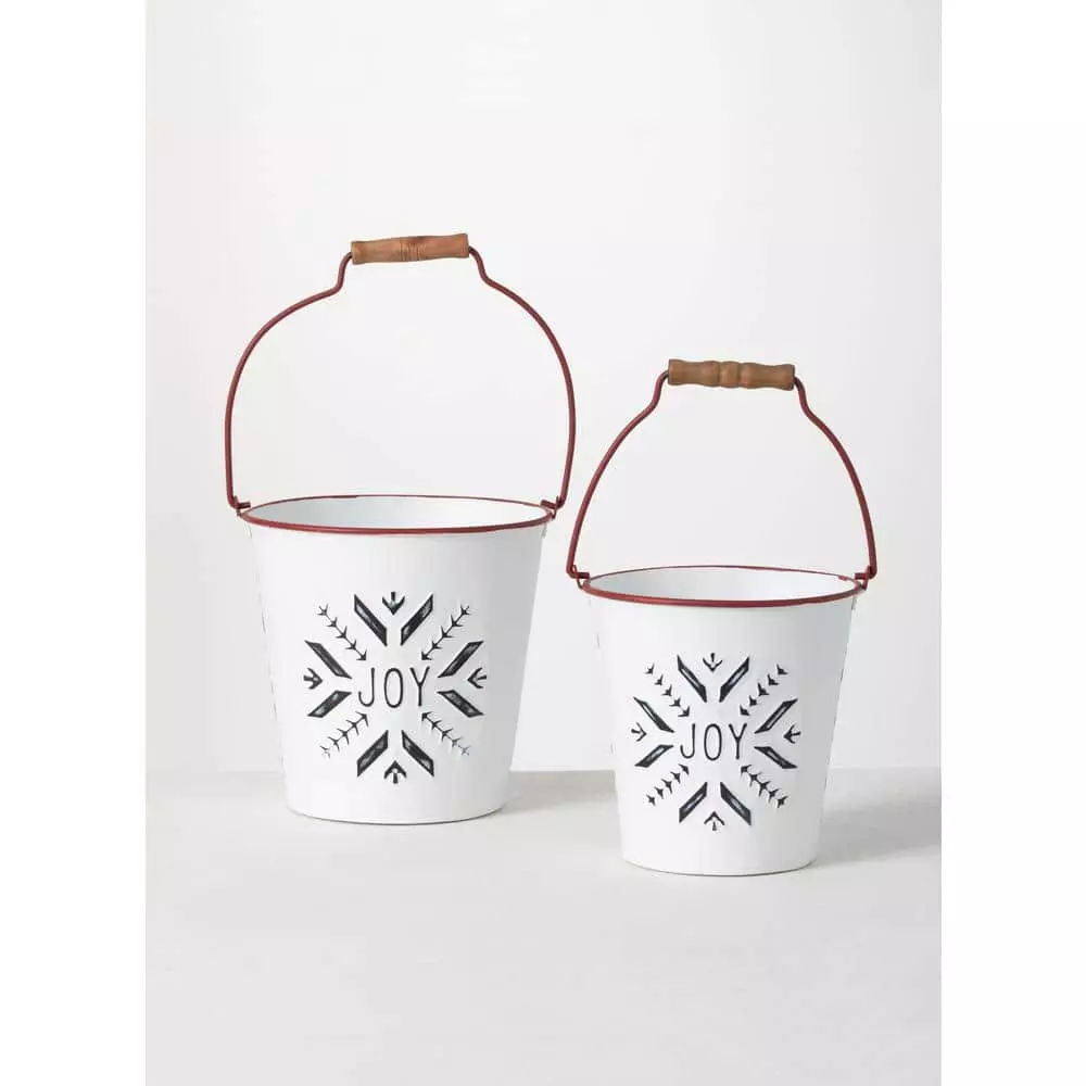SULLIVANS White Joy Snowflake Metal Bucket (Set of 2) 3 SULLIVANS White Joy Snowflake Metal Bucket (Set of 2)