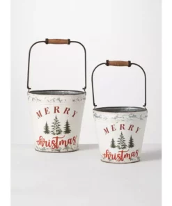SULLIVANS White Merry Christmas Metal Bucket (Set of 2)