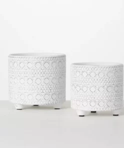 SULLIVANS Whitewash Textured Footed Cement Pot - Set of 2