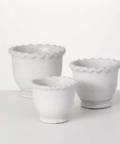 SULLIVANS Whitewashed Scalloped Edge Cement Pot - Set of 3
